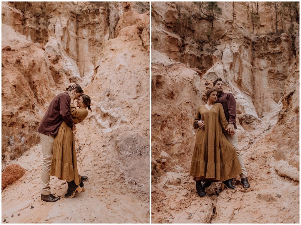 Engaged couple cuddling at Providence Canyon
